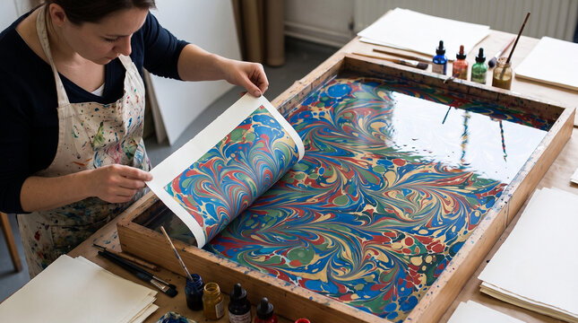 Woman lifting printed sheet from colorful marbled paper bath in workshop