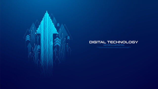 Financial or investment success concept. Dark blue hi-tech background with ascending blue glowing arrows. Vector illustration representing business growth, technology innovation, digital progress.