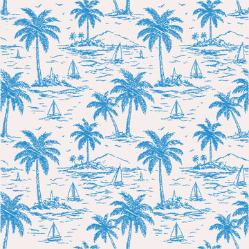 Vintage tropical island seamless pattern with hand-drawn palm trees, ocean waves, sailboats, and distant mountains. Classic monochrome sketch style vector background for fabric, wallpaper, and apparel