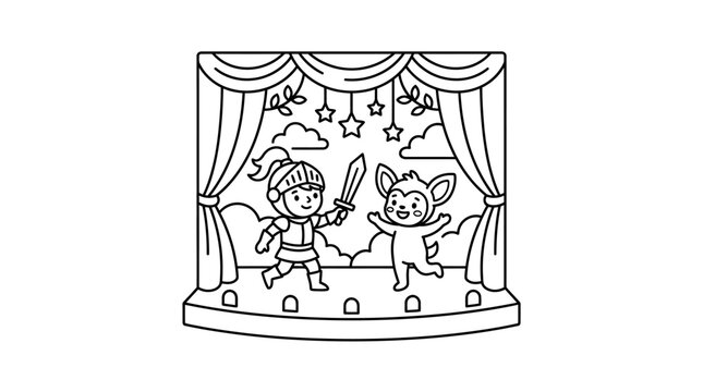 Creative Black and White Line Drawing of a Knight and Fox Puppet Show on a Miniature Stage with Curtains and Stars