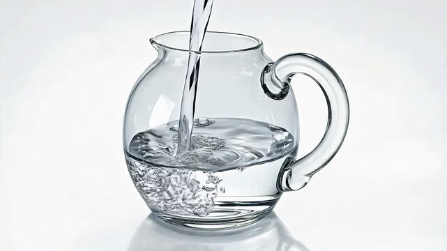 Clear water being poured into a transparent glass pitcher on white background, slow motion