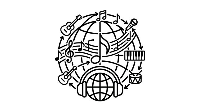 Dynamic Black and White of Global Music Exchange with Instruments and Notes with high quality professional line art symbols for modern creative design and digital branding projects