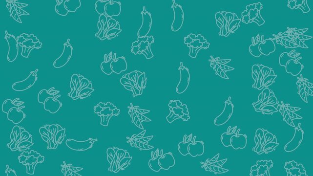 Seamless pattern background with hand drawn outline vegetable icons on a teal green surface.