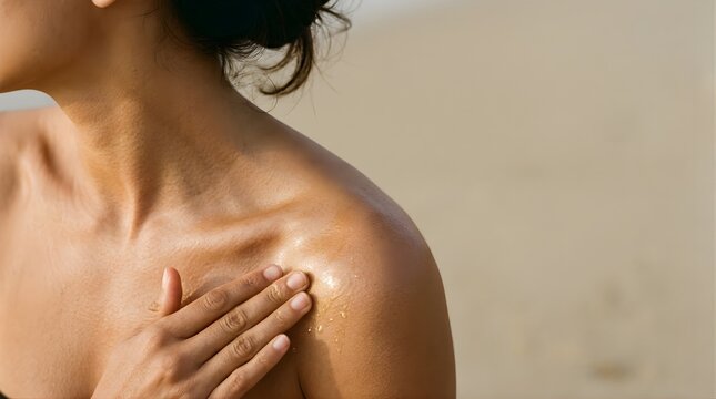 Tan woman applying sunscreen on tanned shoulder on beach for skincare