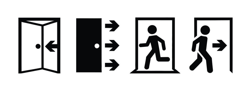 Emergency exit icon set, entry door, walking person and directional arrow symbols, evacuation safety signs, black silhouette vector illustration.