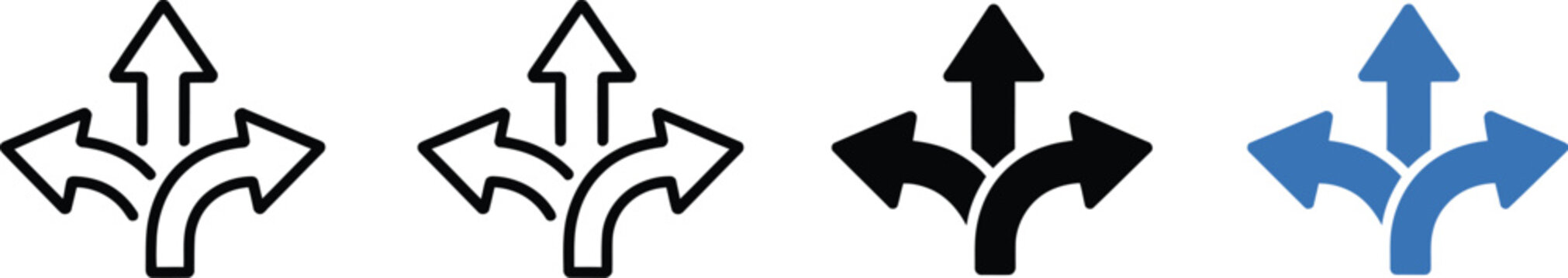 Direction arrow icon featuring multiple paths for choice, decision making, strategy, planning, navigation, business growth, and progress concepts.