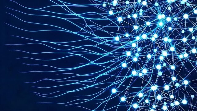 Glowing Digital Network with Flowing Light Trails on Dark Blue Background