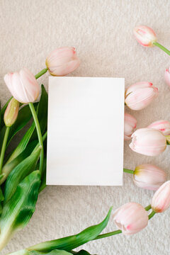 Blank White Card Mockup With Spring Tulips
