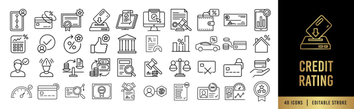 Credit Rating and Financial Score Line Icon Set. FinTech KYC Verification, Loan Approval, Interest Rates, and Banking SaaS. 40 Editable Stroke Vectors for UI.