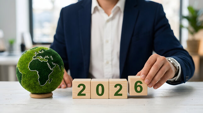 Businessman hand placing wooden block with number six next to green moss globe with professional environment sustainable management corporate