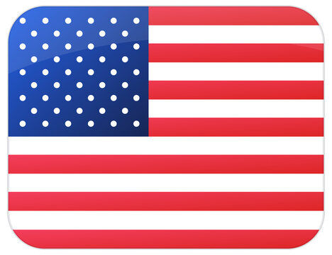 Glossy rounded rectangular United States flag icon with stars and stripes isolated on a transparent background.
