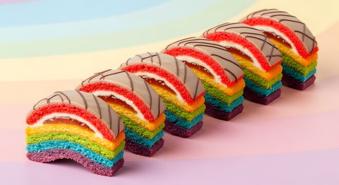 Six Rainbow-Layered Cake Slices on Pastel Background
Colorful Arc Cakes with Purple-to-Red Layers
Rainbow Gradient Cake Slices with Frosting Drizzle
