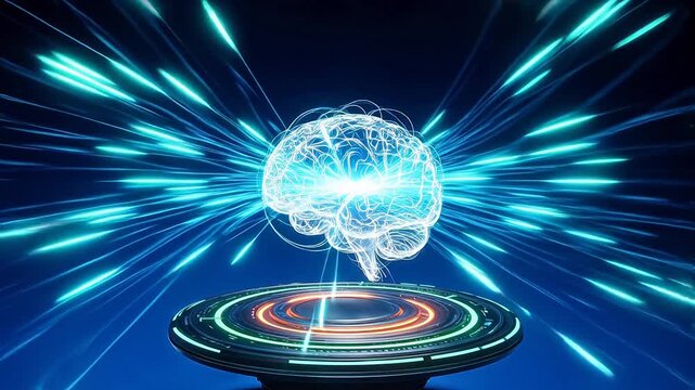 Holographic Brain on Futuristic Platform with Radiating Light Beams - AI and Neural Network Concept