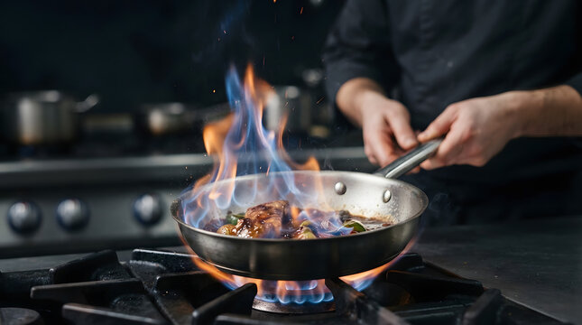 Chef flamb&eacute;ing gourmet dish with intense blue and orange flames in professional stainless steel pan