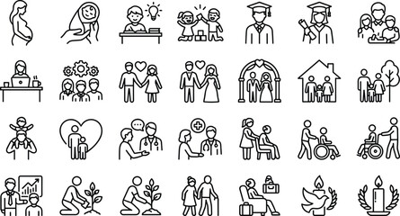 Fototapeta premium Family and Community Life Line Icons Set with Parenting Healthcare Education and Senior Care