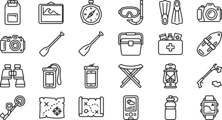 Outdoor Adventure Equipment Water Sports Gear Travel Accessories and Expedition Tools Outline Icon Set © MSTNUSRATJAHAN