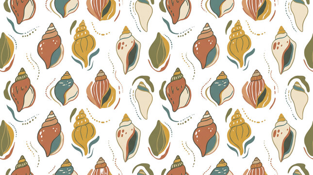 Seamless pattern of colorful seashells and waves in a retro style.