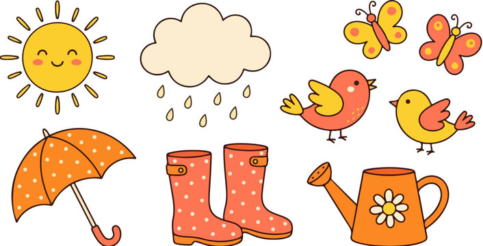 Kawaii spring weather vector set, cute rainy day icons with sun and birds, hand drawn garden elements for kids scrapbooking and stickers