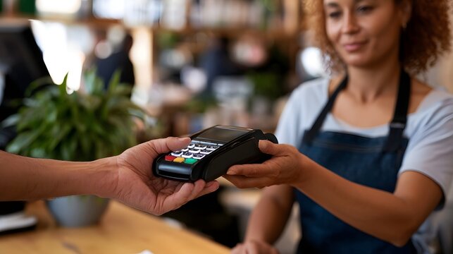 A person uses a card reader to pay for goods at a retail counter while a staff member assists