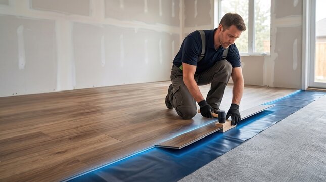 A flooring contractor installing wooden laminate or vinyl planks in a home renovation project, craftsmanship and interior remodeling.