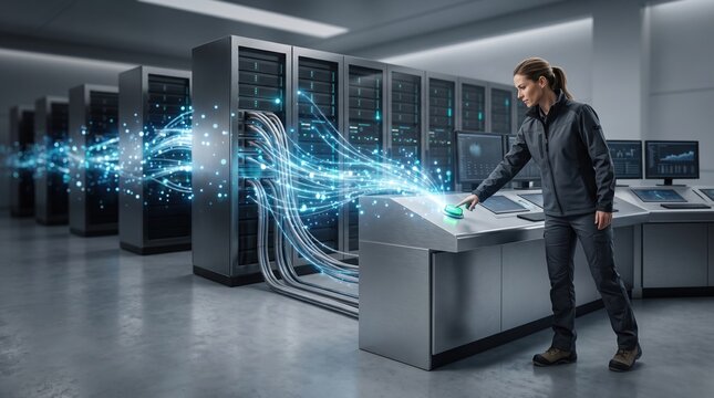 A technician pressing a control button to activate a server system in a modern data center, IT infrastructure management and cybersecurity.