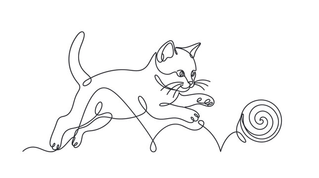 Continuous line art of a small kitten pouncing on a yarn ball toy with pouncing continuous minimalist domestic