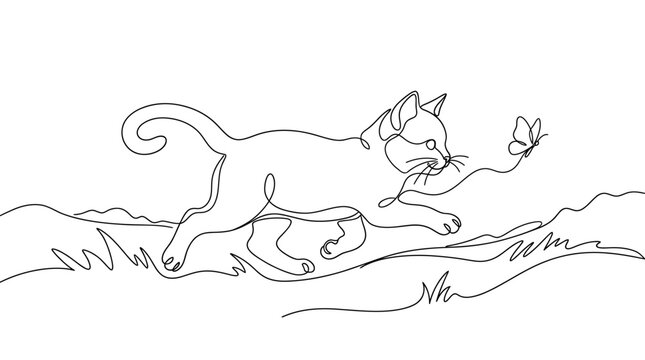 Continuous single line art of a small cat running and chasing a butterfly with butterfly continuous minimalist