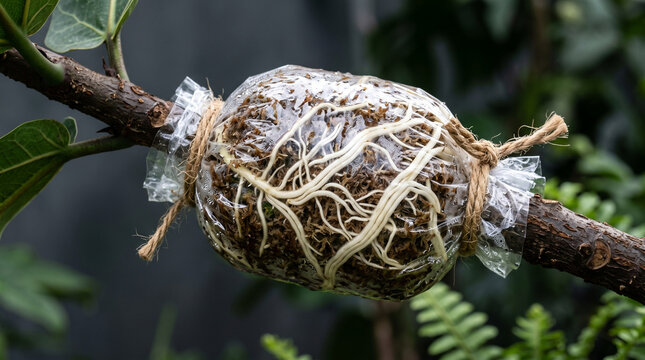 Air layering plant propagation technique showing new root growth