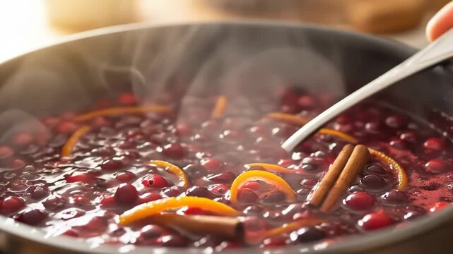 Fresh cranberries simmering with orange zest and cinnamon in a warm pot