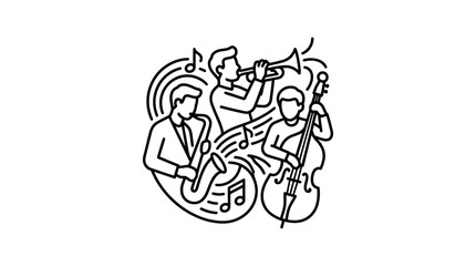Modern Black and White Line Art of Jazz Band Performing with Saxophone Trumpet and Cello with high quality professional line art symbols for modern creative design and digital branding projects © ali