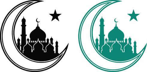 Islamic mosque silhouette inside crescent moon with star crescent silhouette religion religious illustration background traditional celebration greeting template architecture © Golzar