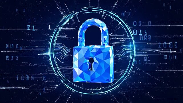 Blue Polygonal Digital Padlock with Binary Code and Glowing Circuit Ring - Cybersecurity Animation