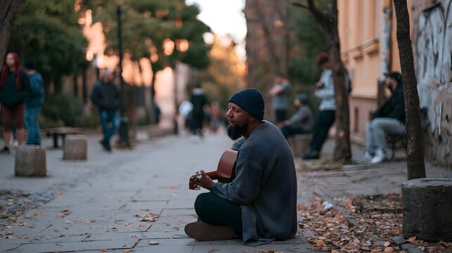 A man sits on a sidewalk playing guitar while people walk by in an urban park during golden hour