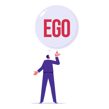 Reducing ego or cultivating humility concept, recognizing value in different perspective, businessman deflating speech bubble of word EGO with needle