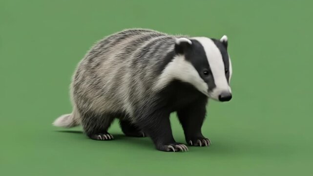 A close up view of a european badger standing on a plain green background
