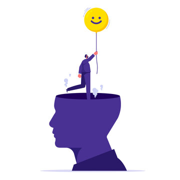 Stress management, relaxation to relieve anxiety or anger from your brain concept, changing mindset to be more positive, businessman flying out of stressed head by using smiley face balloon