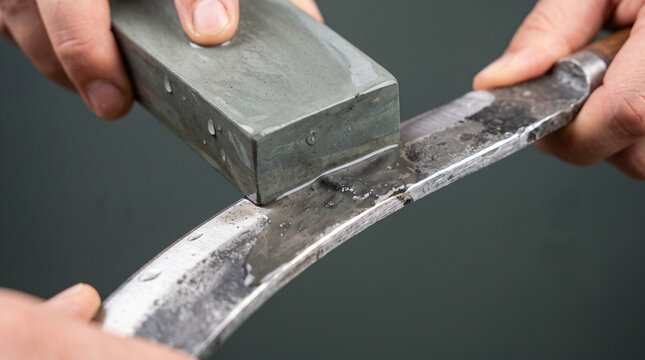 Hands using a wet sharpening stone on a heavy steel metal blade