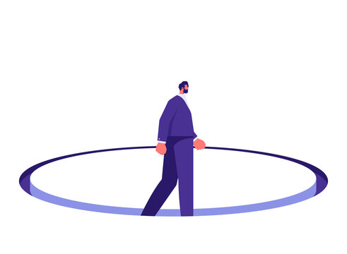 Unsolvable problems concept, businessman walks round in circles, metaphor of unsolvable problems, endless searches or being looped in routine, abstract depiction of business issues
