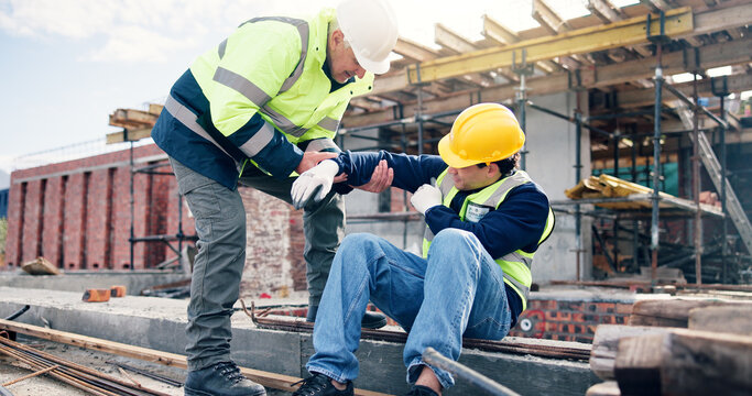 Construction, men and help with arm injury for scaffolding accident, building hazard or fracture. Site first aid, workers and assistance for muscle sprain, elbow dislocation or safety compliance fail