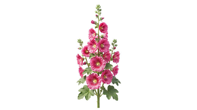Pink hollyhock flower stalk isolated on white background, blooming Alcea rosea plant with vibrant magenta petals, botanical garden floral element