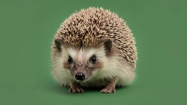 A small african pygmy hedgehog standing against a solid green background