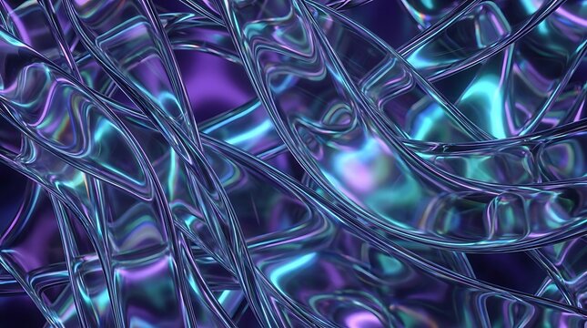 Abstract iridescent fluid lines metallic purple and teal digital rendering