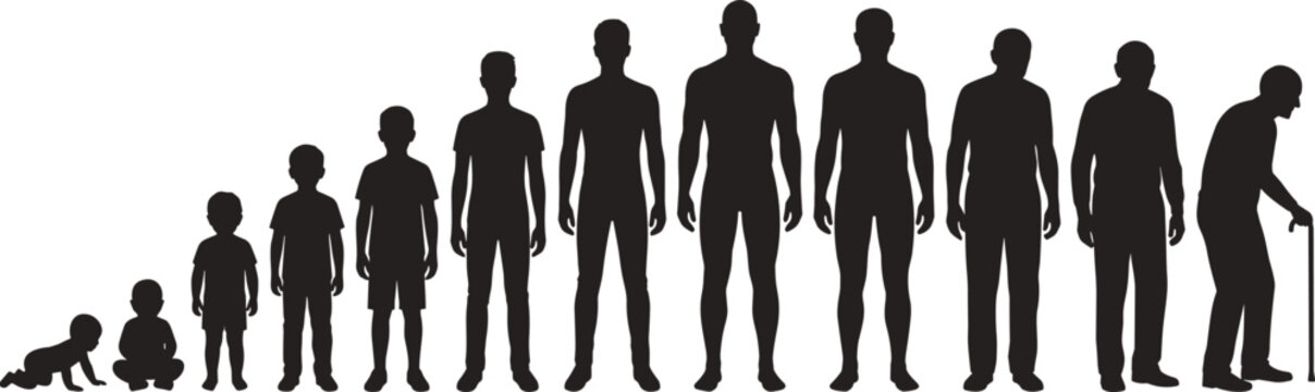 Black silhouette showing human life cycle from baby to elderly person walking growth