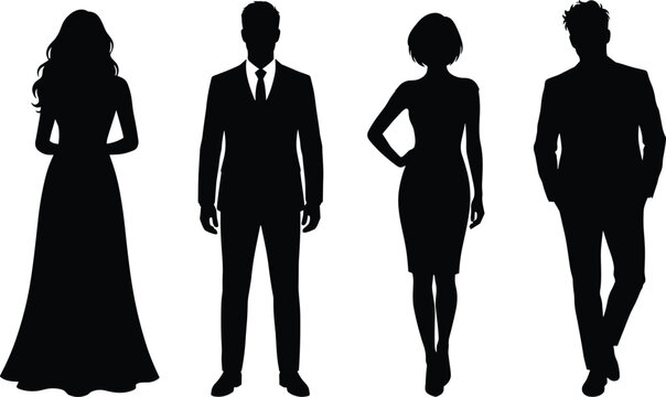 Black silhouettes of four people in formal attire standing in different poses dress
