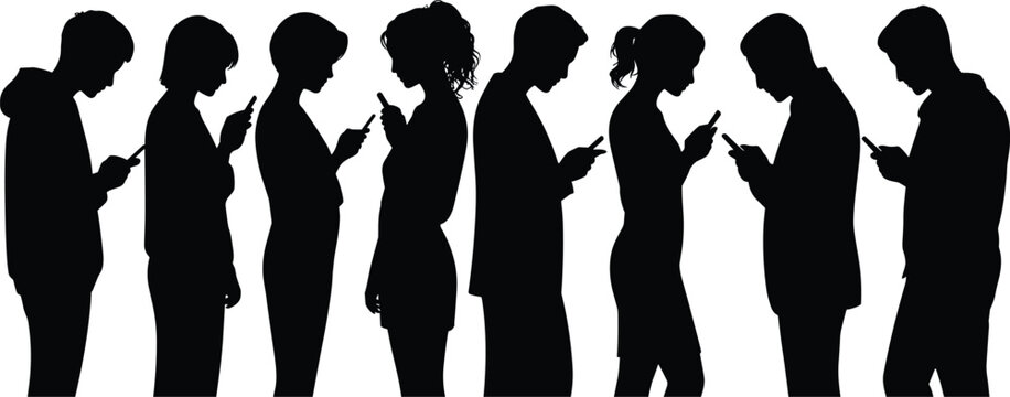 Smartphone addiction silhouette people engrossed in mobile devices