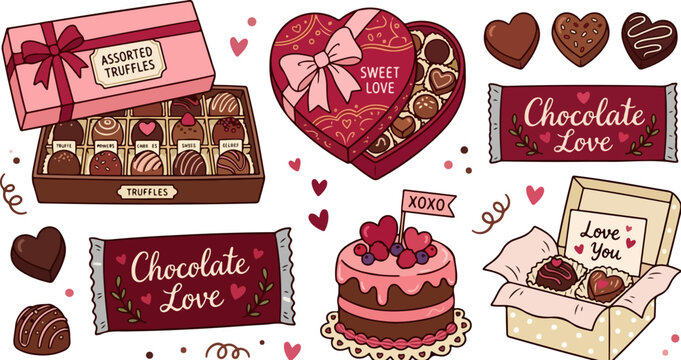 Valentine chocolate gift set vector, assorted truffles in heart boxes and candy bars, romantic pink and red dessert collection for holiday greeting cards