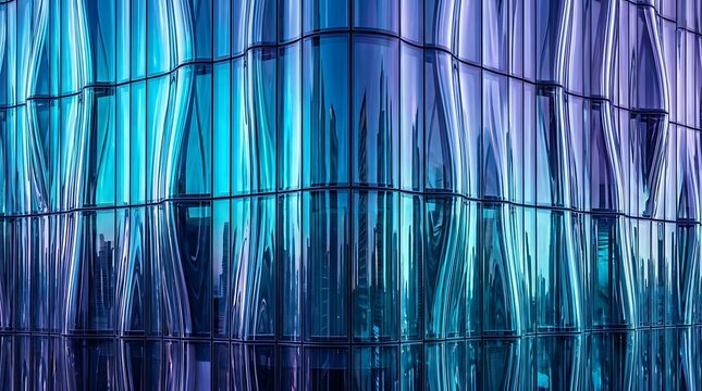 Modern blue glass building facade with wavy panels