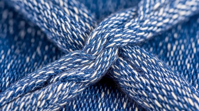 Extreme macro shot of a blue and white braided shoelace texture.