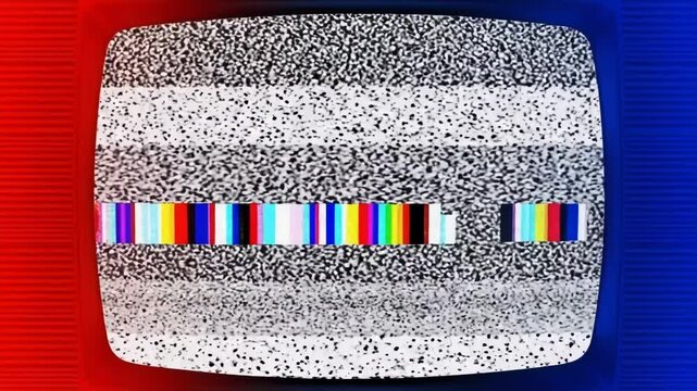 Classic analog television screen displaying static noise and color bars
