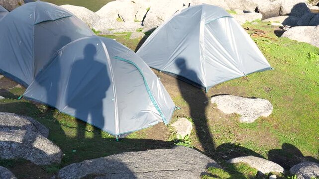 Camping tents at Kareri Lake. Outdoor adventure in Kangra, Himachal Pradesh.